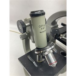 Four microscopes, comprising C Baker London Vickers, Back Diamax no 40956, Opax ABF no 232733 and one other 