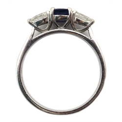  Thee stone sapphire and diamond 18ct white gold ring hallmarked  