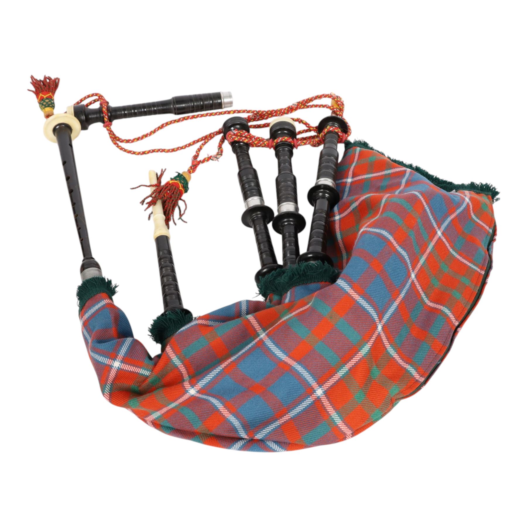Set of ebonised wooden bagpipes, with new bag in Cameron of Lochiel tartan, contained in leather suitcase with initials PAJ to cover