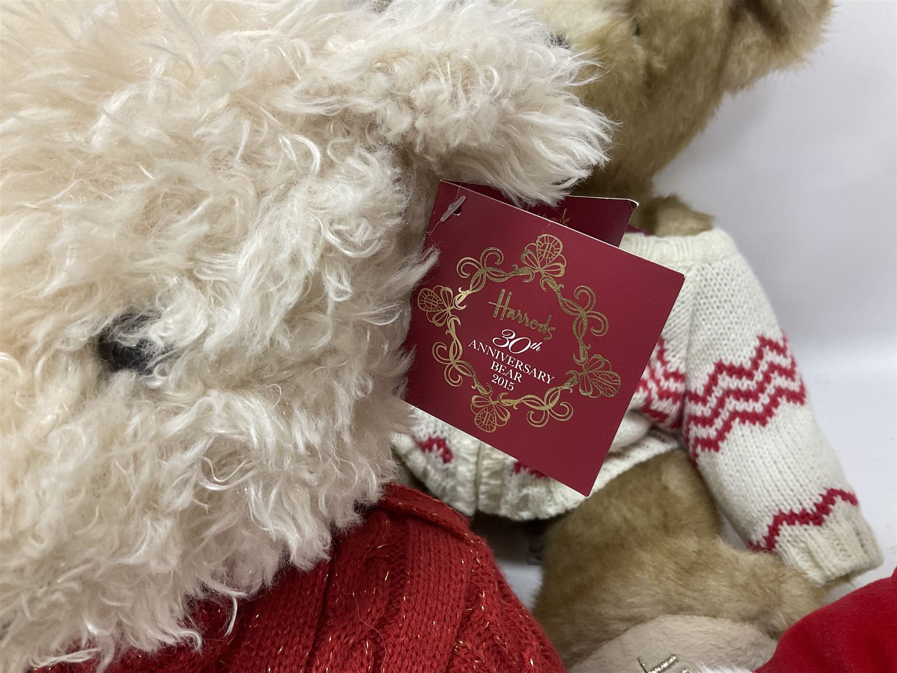 Six Harrods annual teddy bears, dating between 2011 and 2016, tallest H38cm