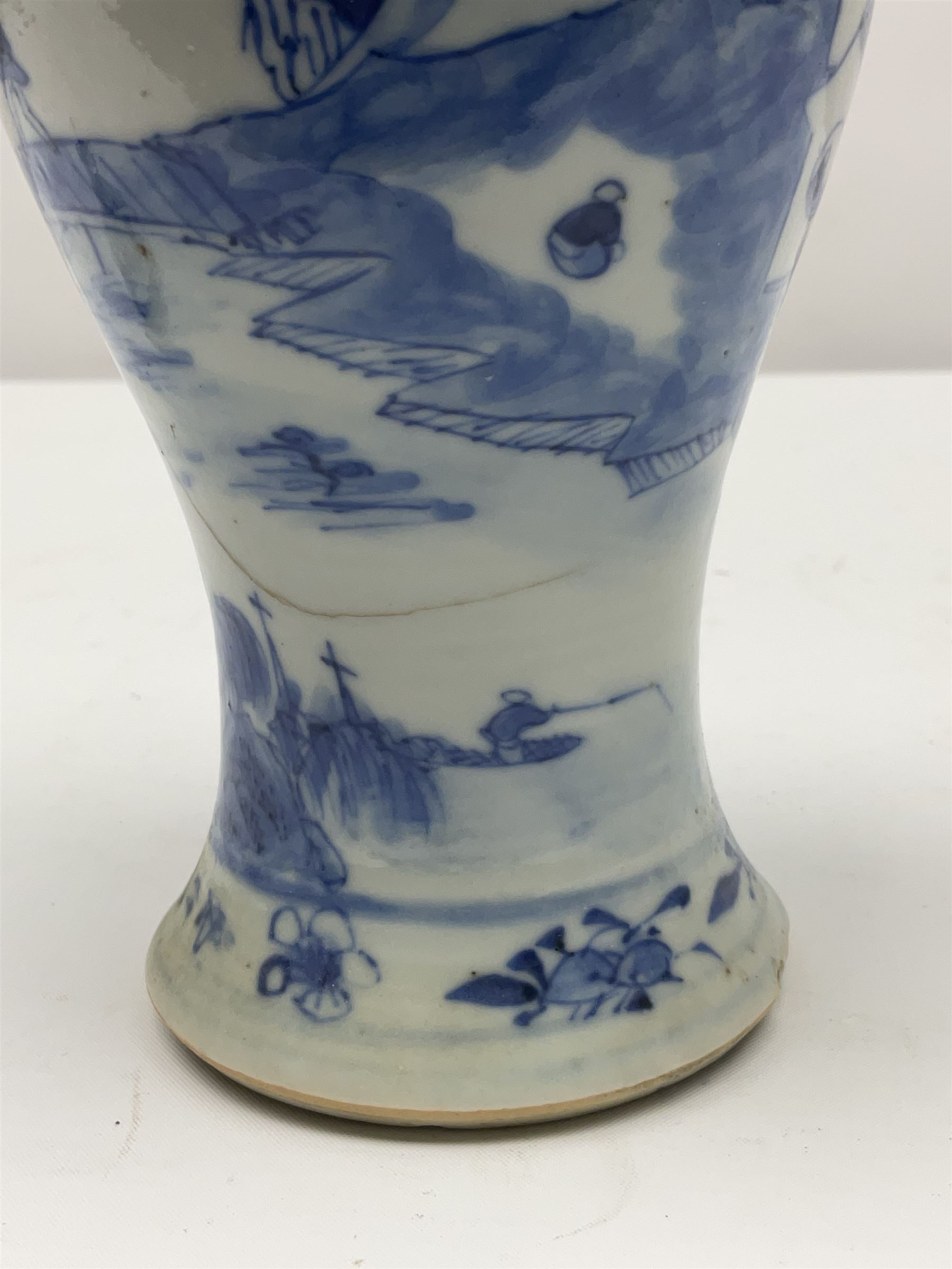 19th century Chinese Kangxi style blue and white jar and cover, decorated with figural and landscape scenes, the domed cover with foo dog finial, with four character marks beneath, H22cm
