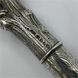 Victorian silver walking cane handle, modelled as a panther upon a tree branch, hallmarked London 1851, maker's mark worn and indistict