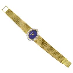 Bueche Girod ladies 18ct gold manual wind wristwatch, blue dial with round brilliant cut diamond bezel, total diamond weight approx 1.10 carat, stamped 750