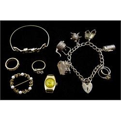 9ct gold jewellery including pearl brooch, clear stone full eternity ring, two stone cubic zirconia ring and a 9ct gold Rotary wristwatch, silver charm bracelet and a silver cubic zirconia bangle