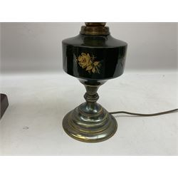 Table lamp and shade in the form of a vintage coffee grinder, together with a converted oil lamp, tallest example H94cm 