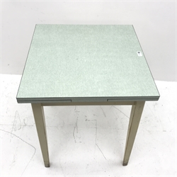 Vintage Formica drawer leaf extending kitchen table, square tapering supports, W107cm, H77cm, D61cm