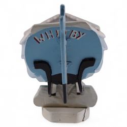 Wooden model of the Whitby fishing coble WY.17 G.Burdon 'Dorothy', painted in blue and white with red detail, with rudder and oars, on a painted wooden stand, L73cm, H20cm