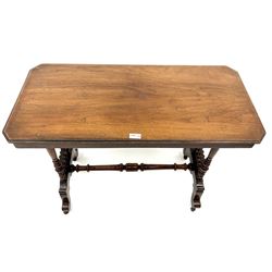 Edwardian walnut oblong occasional table, moulded canted corner top, turned supports joined by stretcher 