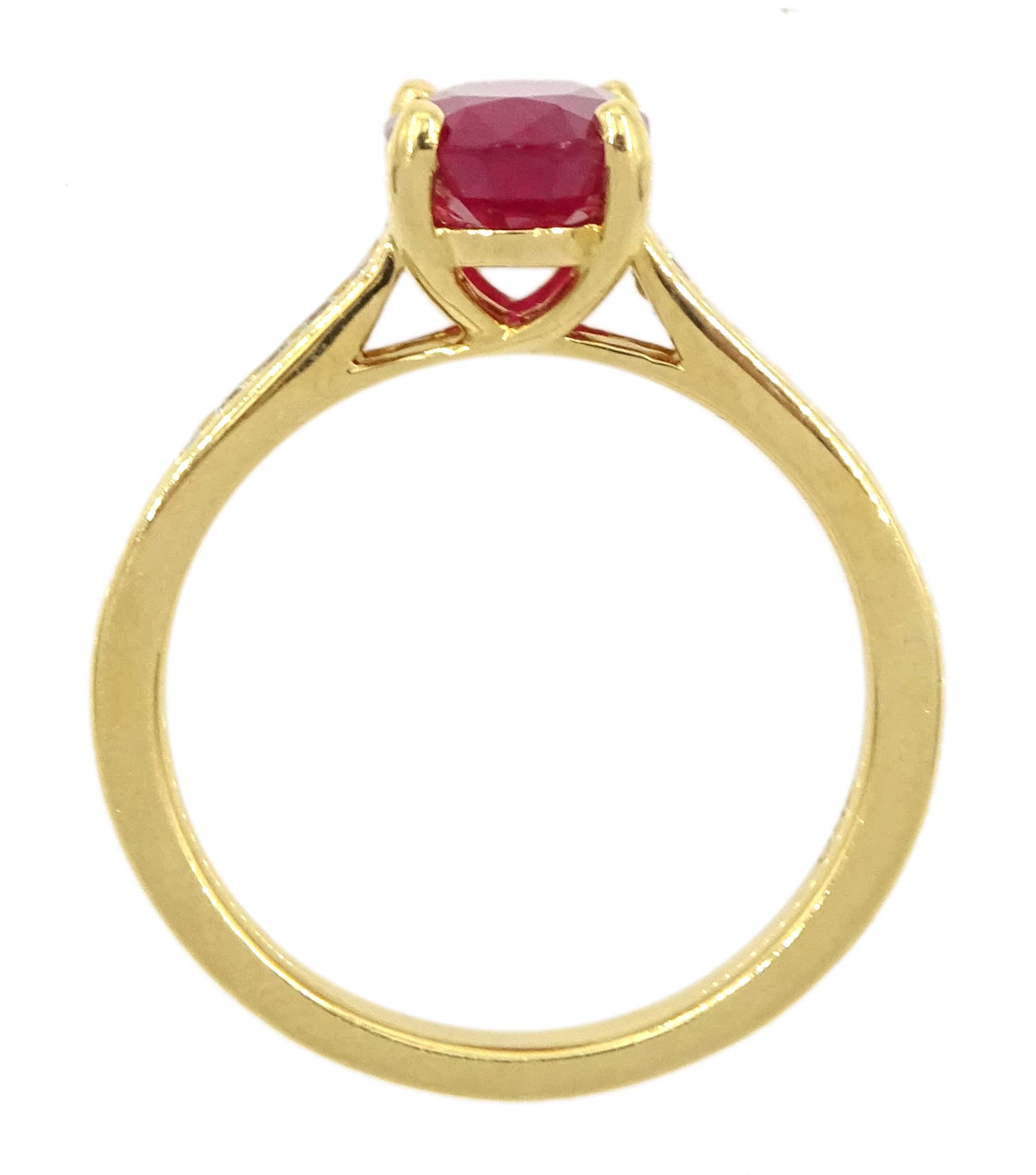 18ct gold oval ruby ring, with round brilliant cut diamond shoulders, hallmarked, ruby approx 2.35 carat