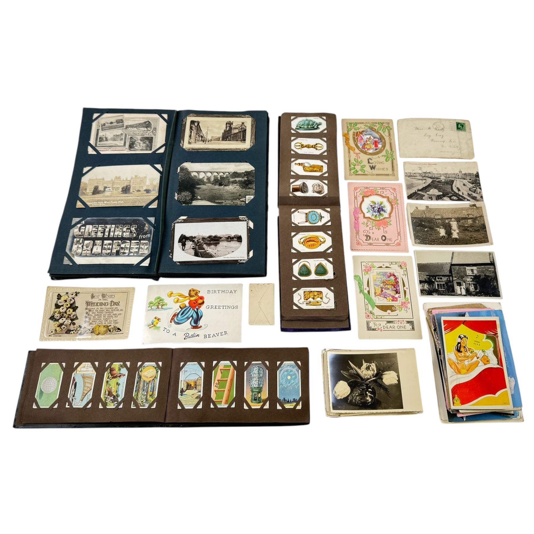 Postcards, greetings cards, and cigarette cards, including embroidered examples