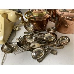 Three copper kettles, a pair of brass candlesticks, telephone, large jardiniere and a collection of other metal ware