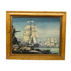  After Rowland Hilder (British 1905-1993): 'In the Days of Sail', mid 20th century print 50cm x 65cm in bird's eye maple frame; two Russell Flint prints, and another Classical print (4)