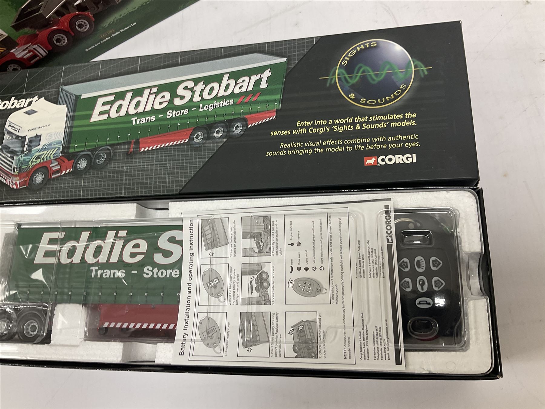 Corgi Eddie Stobart - five limited edition heavy haulage vehicles comprising CC12203 Scania Low Loader; CC12936 Scania Topline Curtainside Trailer; CC13801 Mercedes-Benz Actros Fridge Trailer; CC13415 MAN TGA XXL Curtainside; and CC14002 Volvo FH Curtainside; all boxed (5)
