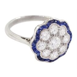 18ct white gold old cut diamond and calibre cut sapphire flower head cluster ring, total diamond weight approx 1.00 carat