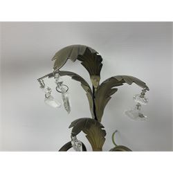 Five branched chandelier with leaf and droplets detail H39cm, along with four two branched wall lights with matching detail H28cm, with fourteen white pleated lampshades