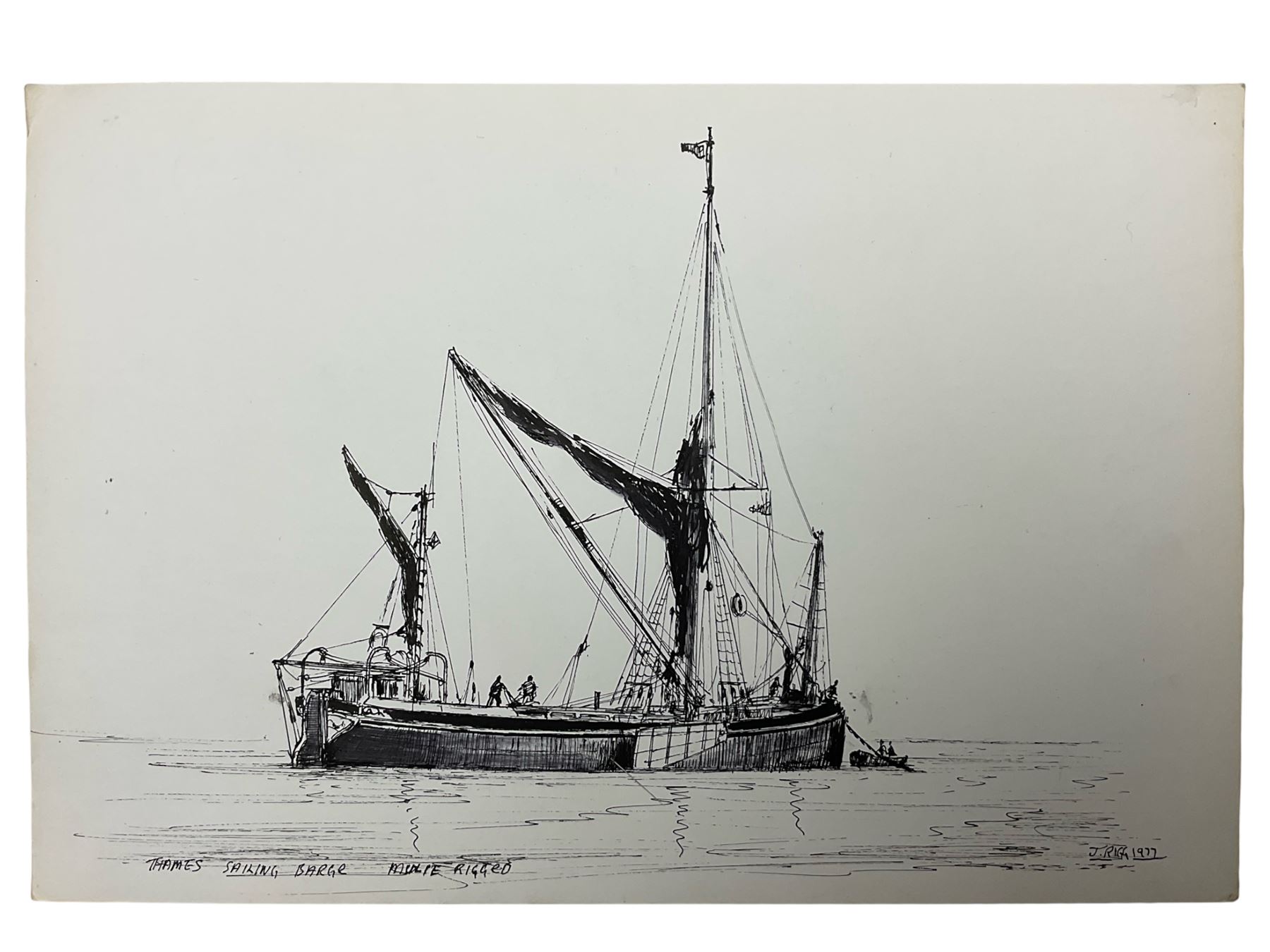 Jack Rigg (British 1927-2023): 'Thames Sailing Barge', pen and ink sketch signed titled and dated 1977, 20cm x 30cm (unframed)