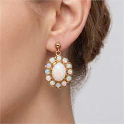 Pair of 9ct gold opal pendant earrings, each stud set with a cluster of oval cut and round cut opals, London 1976