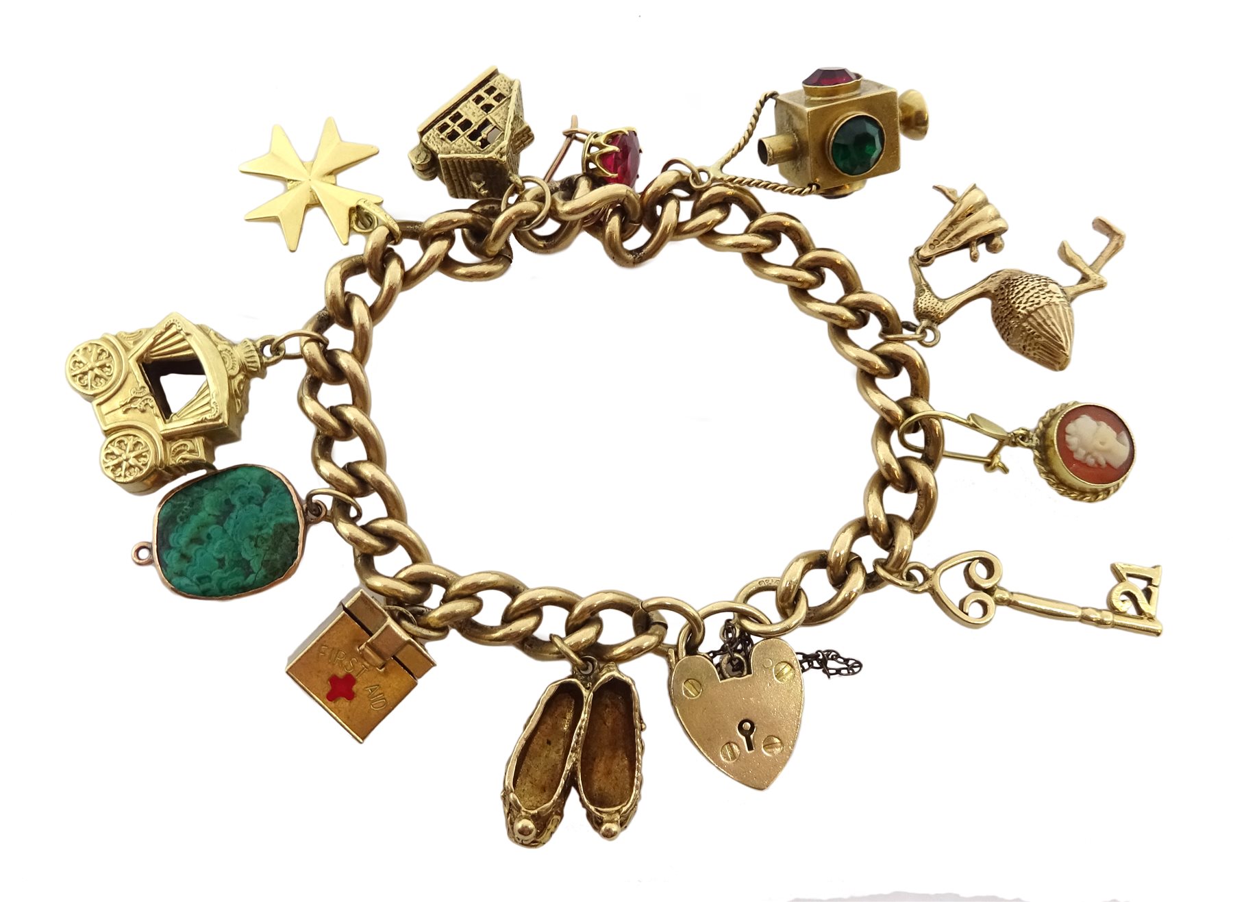 9ct gold curb bracelet with heart locket hallmarked,  with ten 9ct gold charms including stork carrying a baby, house, first aid box and an 18ct gold cross charm, all tested, hallmarked or stamped