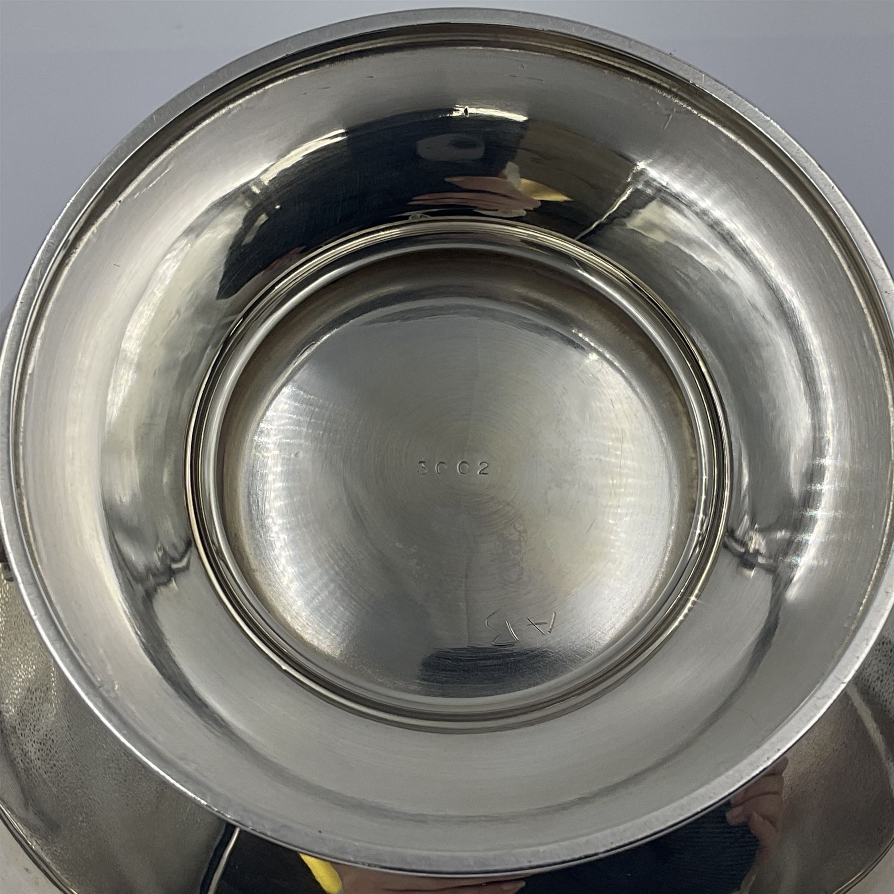 1920s five-piece silver tea service, comprising teapot, coffee pot, hot water pot, twin handled open sucrier and milk jug, each of squat circular form with shaped rim, the teapot, coffee pot and hot water pot each with ebonised handle and finial, the sucrier and milk jug with acanthus capped scroll handles, all upon circular foot, hallmarked R F Mosley & Co, Sheffield 1926 & 1927, tallest H24cm