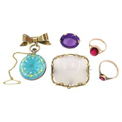 19th/early 20th century 9ct gold jewellery including oval amethyst brooch, chalcedony brooch and two red paste stone set rings and a silver-gilt green/blue guilloche enamel ladies cylinder pocket watch, the white enamel dial stamped 'Balmoral', case by Ducommun & Ries, Glasgow import marks 1911, with silver bow
