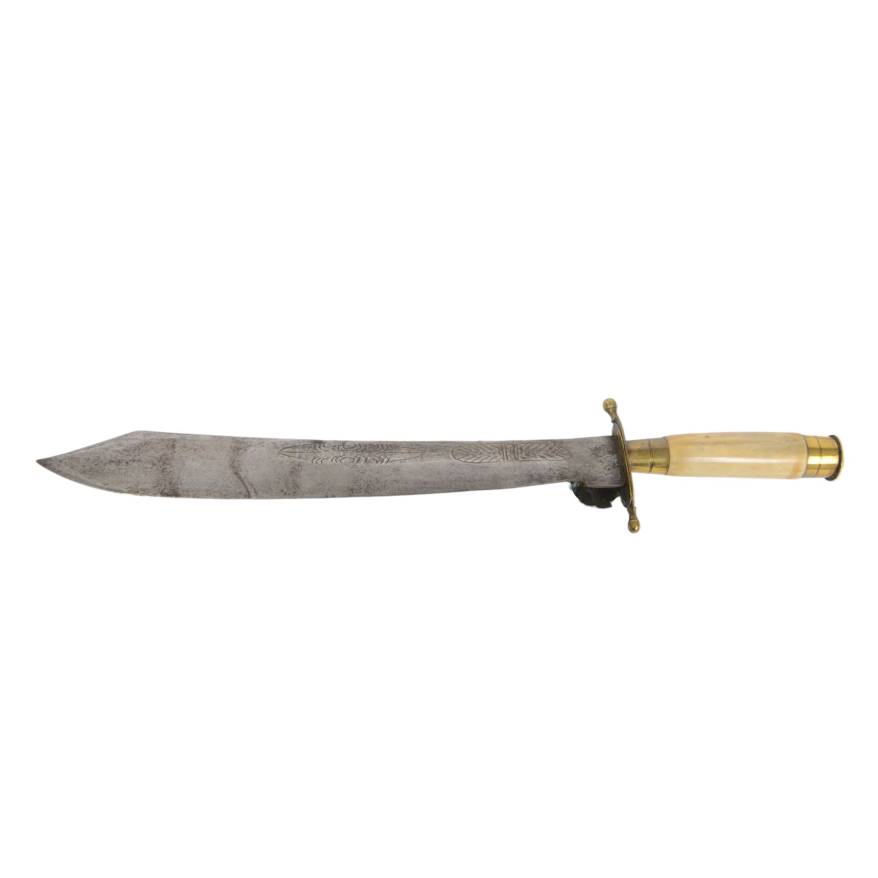 Hunting dagger, with L32cm engraved single edged blade, with a brass deer's foot cross piece with shell guard and horn grip, in a brass mounted scabbard, together with two other daggers