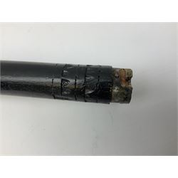 
Late 19th/early 20th century Anglo Indian ebony and bone sword stick with 62cm steel blade, brass locking ferrule and lion mask pommel L92 cm.