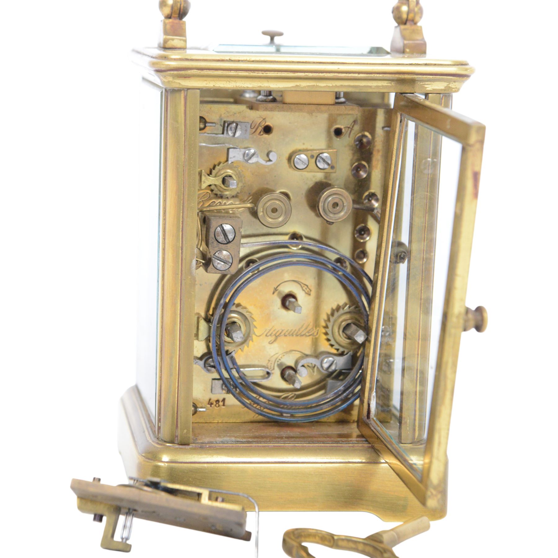 French 8-day timepiece carriage clock with brass case with four bevelled glass panels, 11cm