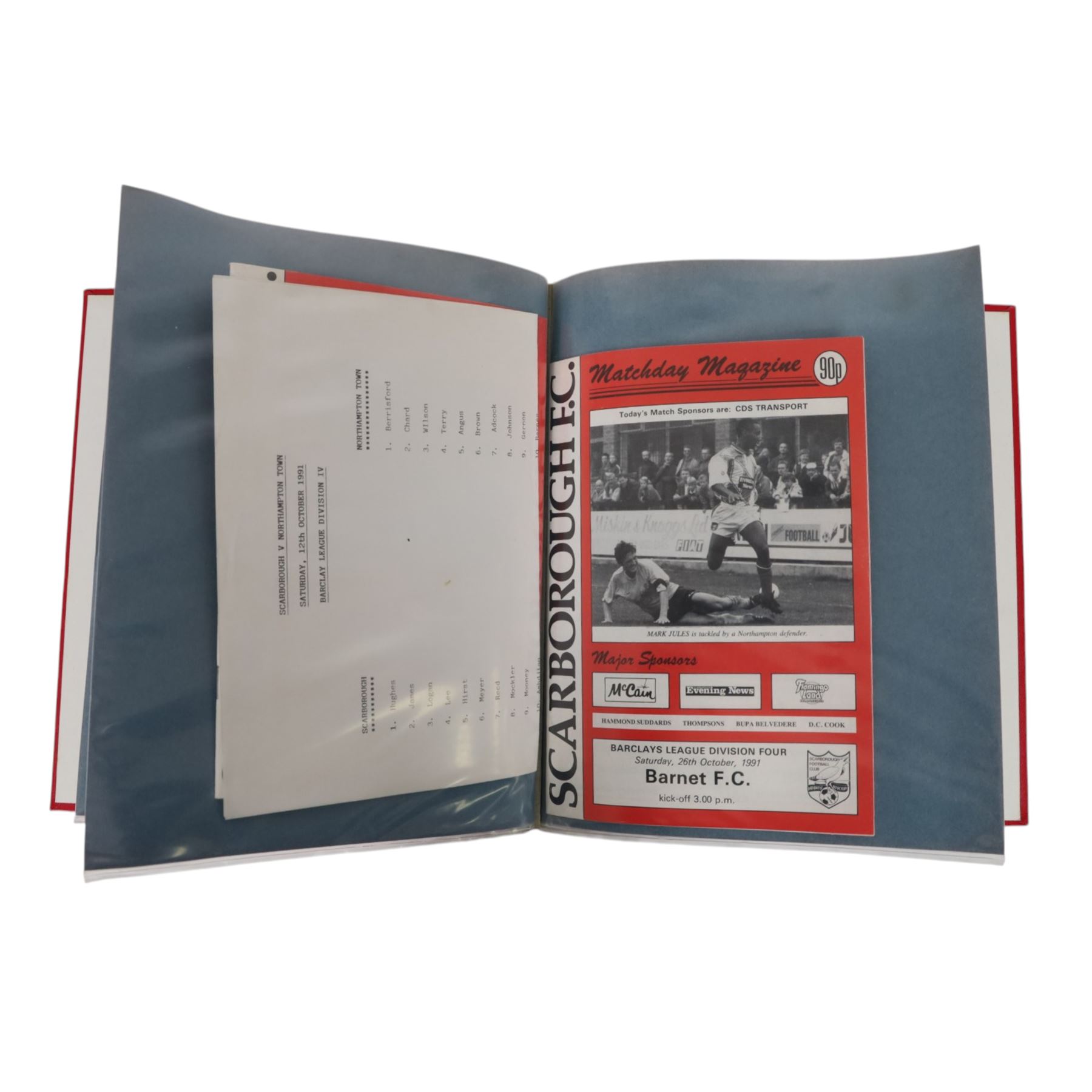 Comprehensive collection of approximately one hundred and seventy Scarborough FC football programmes for the 1990/91, 1991/92 and 1992/93  seasons, all filed within six dedicated Scarborough FC red Home and Away binders