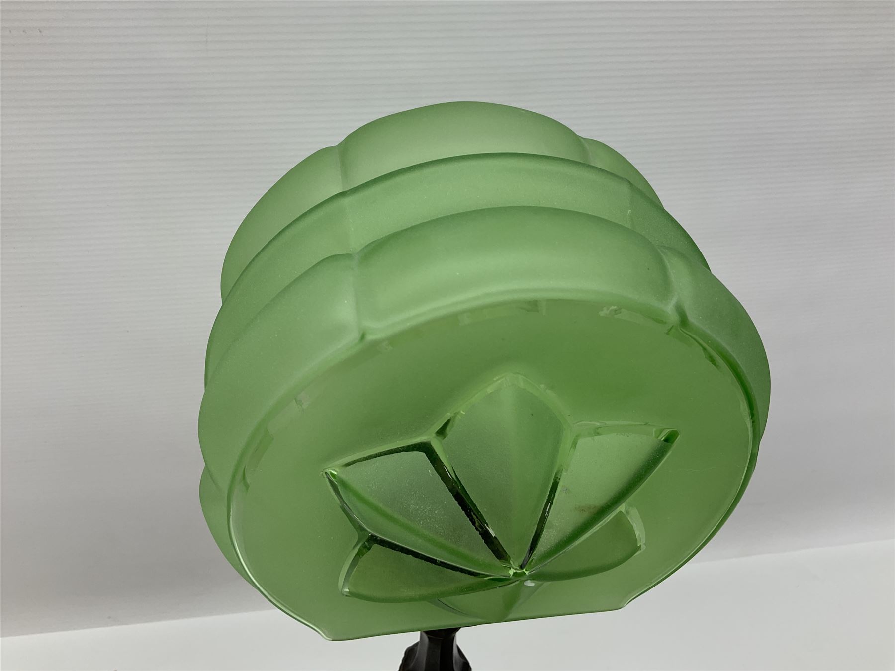 Art Deco style bronzed and gilded spelter figural table lamp with green Uranium glass shade; H48cm, another table lamp; and a bisque group