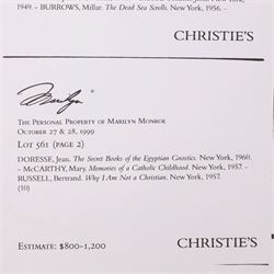 Marilyn Monroe - six religious books originally owned by Marilyn Monroe, purchased as part of lot 561 from 'The Personal Property of Marilyn Monroe' auction held at Christies, New York, October 1999, to include Kazantzakis, Nikos: The Saviors of God Spiritual Exercises, Doresse, Jean: The Secret Books of the Egyptian Gnostics, McCarthy, Mary: Memories of a Catholic Girlhood, Buber, Martin: The Tales of Rabbi Nachman, etc