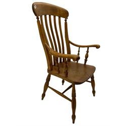 Victorian elm and beech farmhouse armchair, dished elm seat, on turned supports joined by H stretcher 