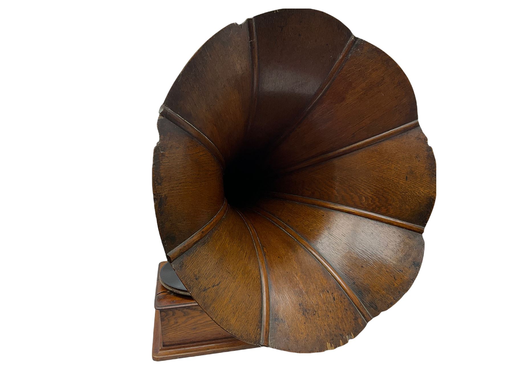 Early 20th century oak cased gramophone, the motor marked 'Garrard No.20 REF No.1030', with ribbed oak horn, base 30cm square; with one 78rpm record and Columbia tin of needles