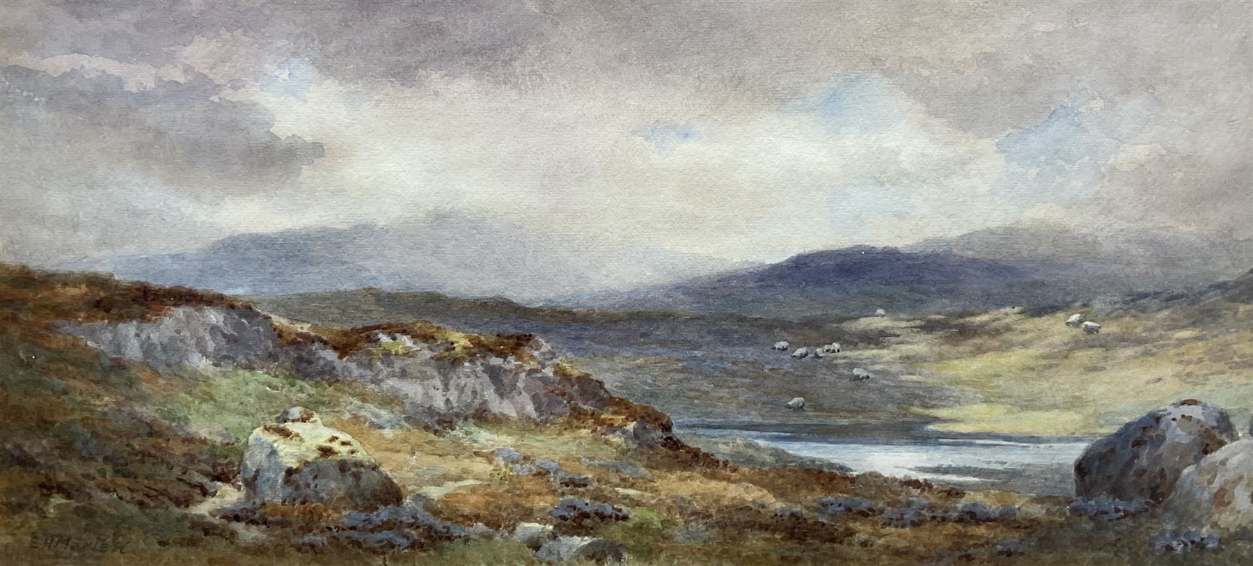 Elliot Haigh Marten (British 1866-1953): Highland Landscape with Sheep, watercolour signed 24cm x 52cm 