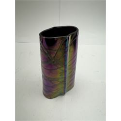 Five Austrian Art Nouveau purple glass vases, to include a Pallme-Konig example, of tapering form with matte vein decoration, and two similar pairs, tallest H16cm