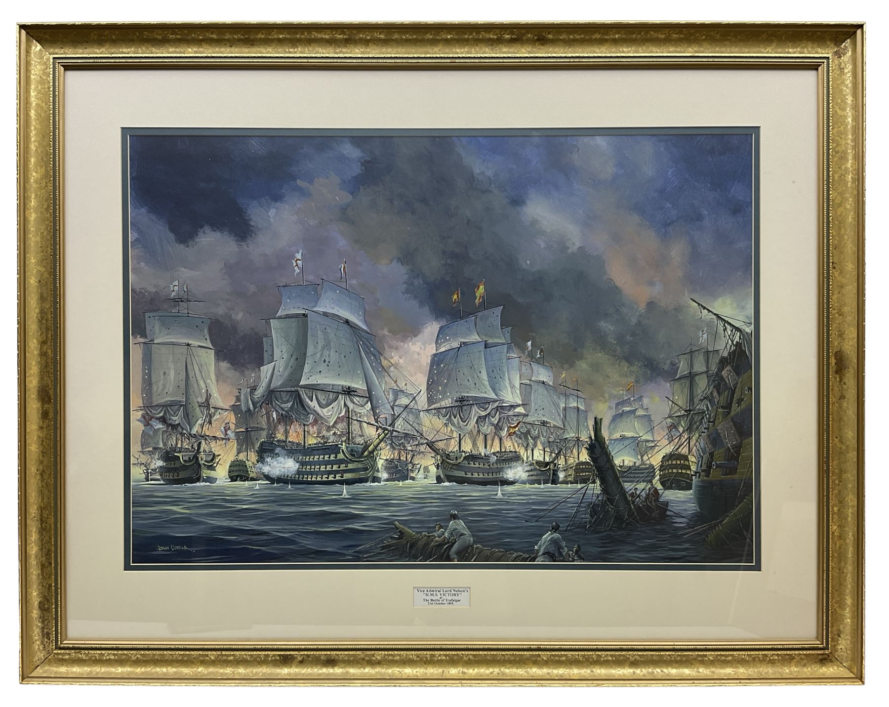 John Cooper (British 1942-): 'HMS Victory at the Battle of Trafalgar', gouache signed 63cm x 91cm