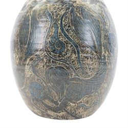 John Egerton (c1945-2024): studio pottery stoneware vase of baluster form, decorated with fish, mermaids and ammonites upon a blue ground, H56cm 