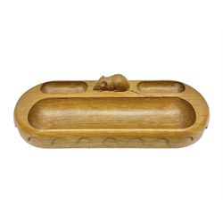 Mouseman - oak pen tray, rectangular form with rounded ends, carved mouse signature over penny moulded edge, by the workshop of Robert Thompson, Kilburn
