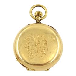 Early 20th century Swiss 18ct gold keyless half hunter cylinder fob watch, white enamel dial with Roman numerals, the back case engraved with initials EJN, hallmarked