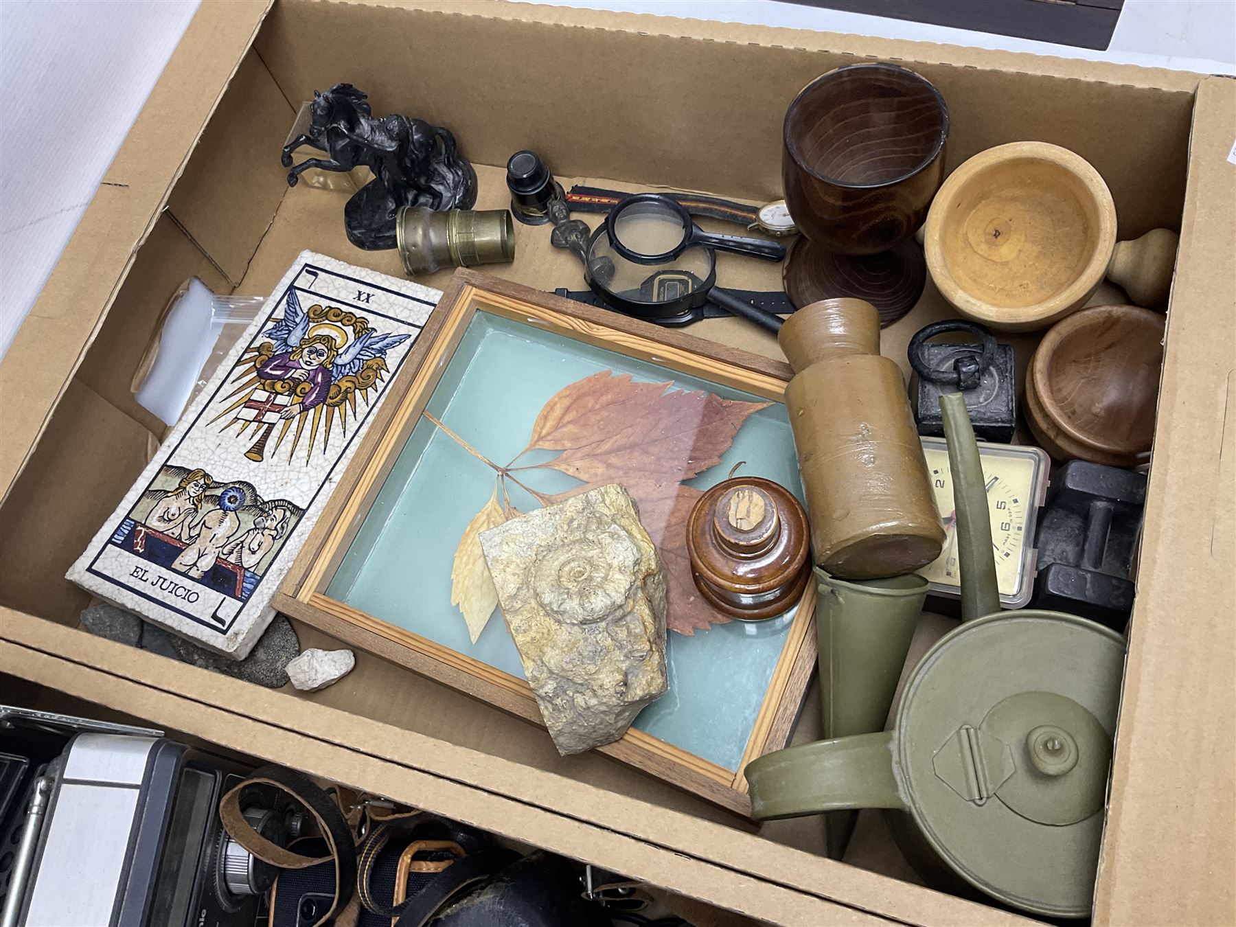 Johnson Bros Indies pattern tea and dinner wares, painted metal female bust on wooden plinth, three radios including one Roberts, Zenit B camera body, Polaroid 1000 land camera, Lorus wristwatch, and other ceramics etc, in four boxes