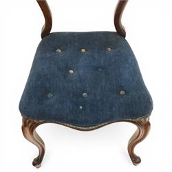 Set of six Victorian rosewood balloon-back dining chairs, seats upholstered in buttoned blue fabric, raised on cabriole supports