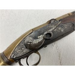 Late 18th century 7.2mm (approx. .28 calibre) Girandoni system single shot reservoir air rifle, the 62cm steel barrel with swivelling two-leaf rear sight, brass breech decorated with a sunburst and lever opening top loading, engraved steel lock-plates marked 'S. Gaskell' to the right side underneath the cocking lever, brass trigger guard,  leather covered steel butt reservoir of tapering conical form with brass ferrule and walnut fore-stock with horn mounts L107cm overall