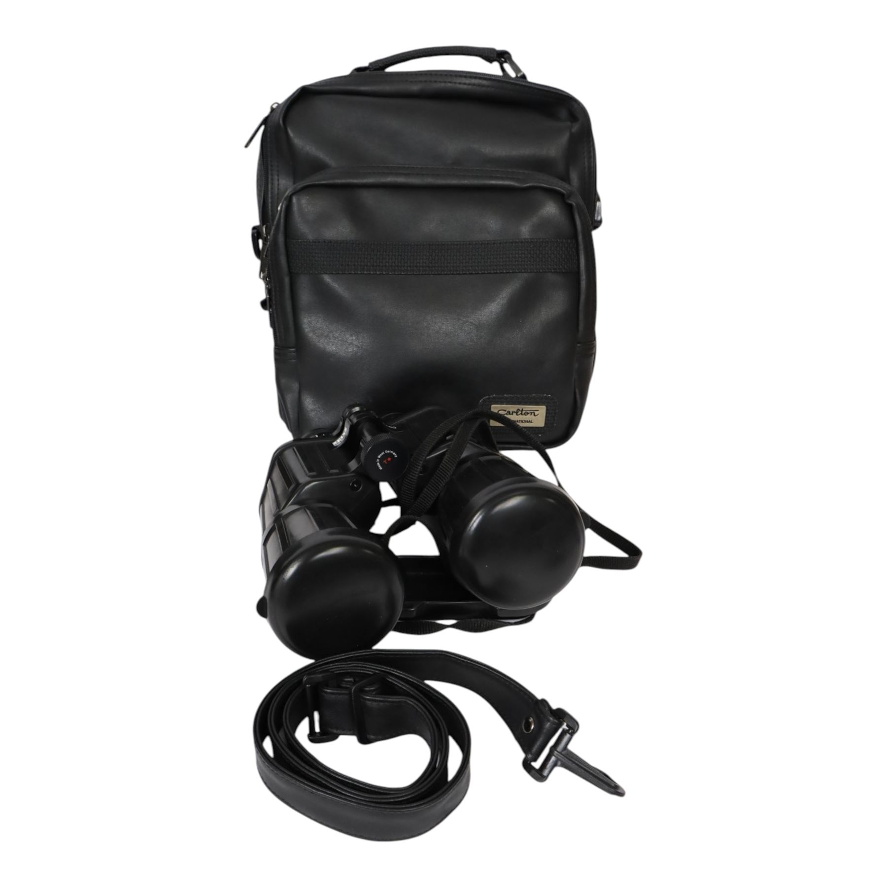 Pair of Zeiss 15x60 T* Marine Binoculars, black rubber armoured body with attached rubber lens covers, serial number 205269, made in West Germany, with Carlton soft carry case and long strap