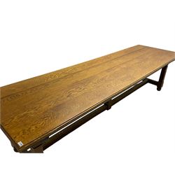 Large 19th century oak ecclesiastical refectory table, the moulded rectangular top on square supports joined by H stretchers with central upright support