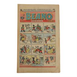 Seven 1940s and 50s The Beano comics, including 1941 issue no.166 propaganda war issue, with Big Eggo black-out cover, 1948 issue no.329, 1949 issue no.368, 1949 issue no.379, 1950 issue no.398,  1950 issue no. 424 and 1954 issue no. 603