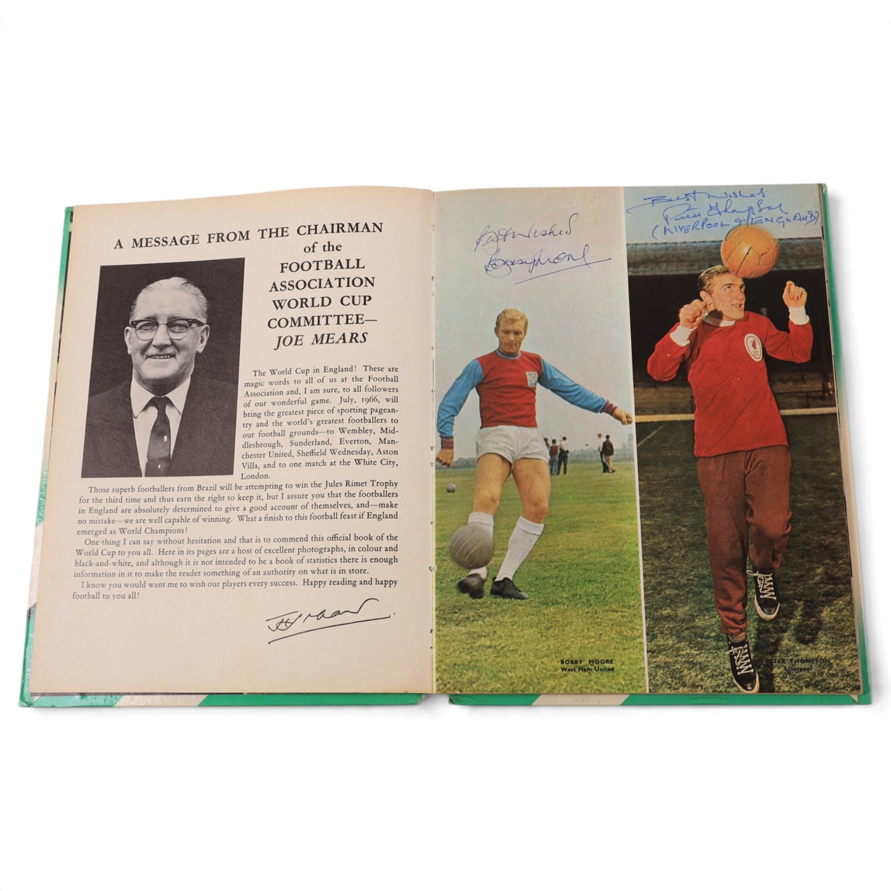 'World Cup 1966 England' hardback book, signed to inner front page by thirteen legendary footballers, to include Bobby Moore, Pele, George Cohen, Bobby Charlton, Alan Ball, Nobby Stiles, Roger Hunt, Peter Thompson, Kenneth Wolstenholme, Jairzinho, Garrincha, Martin Peters and Geoff Hurst, with certificate of authenticity from Chaucer Auctions
