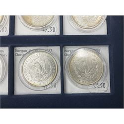 Twelve United States of America silver Morgan dollar coins, dated 1878 S, 1879 S, 1880 S, 1881 S, 1882 O, 1883 O, 1884 O, 1884 CC, 1885 O, 1886, 1887 and 1888