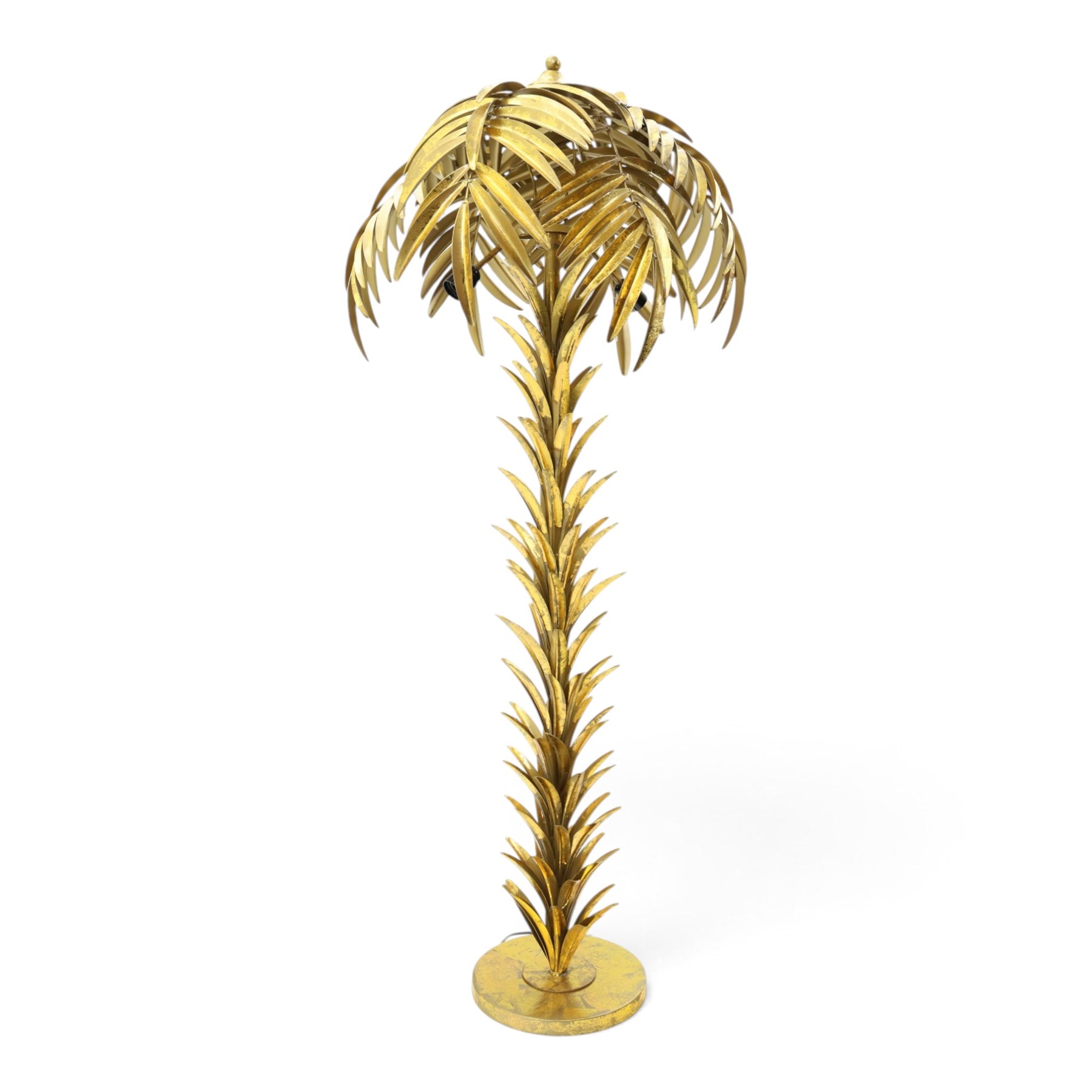 Manner of Maison Jansen - Large gilt metal floor standing standard lamp in the form of a palm tree, large foliage shade over twin branch lights and a leafy , on circular base