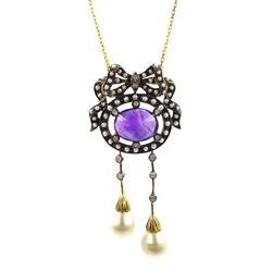  Gold and silver cabochon amethyst, seed pearls, diamonds and pearls necklace, the chain stamped 375  