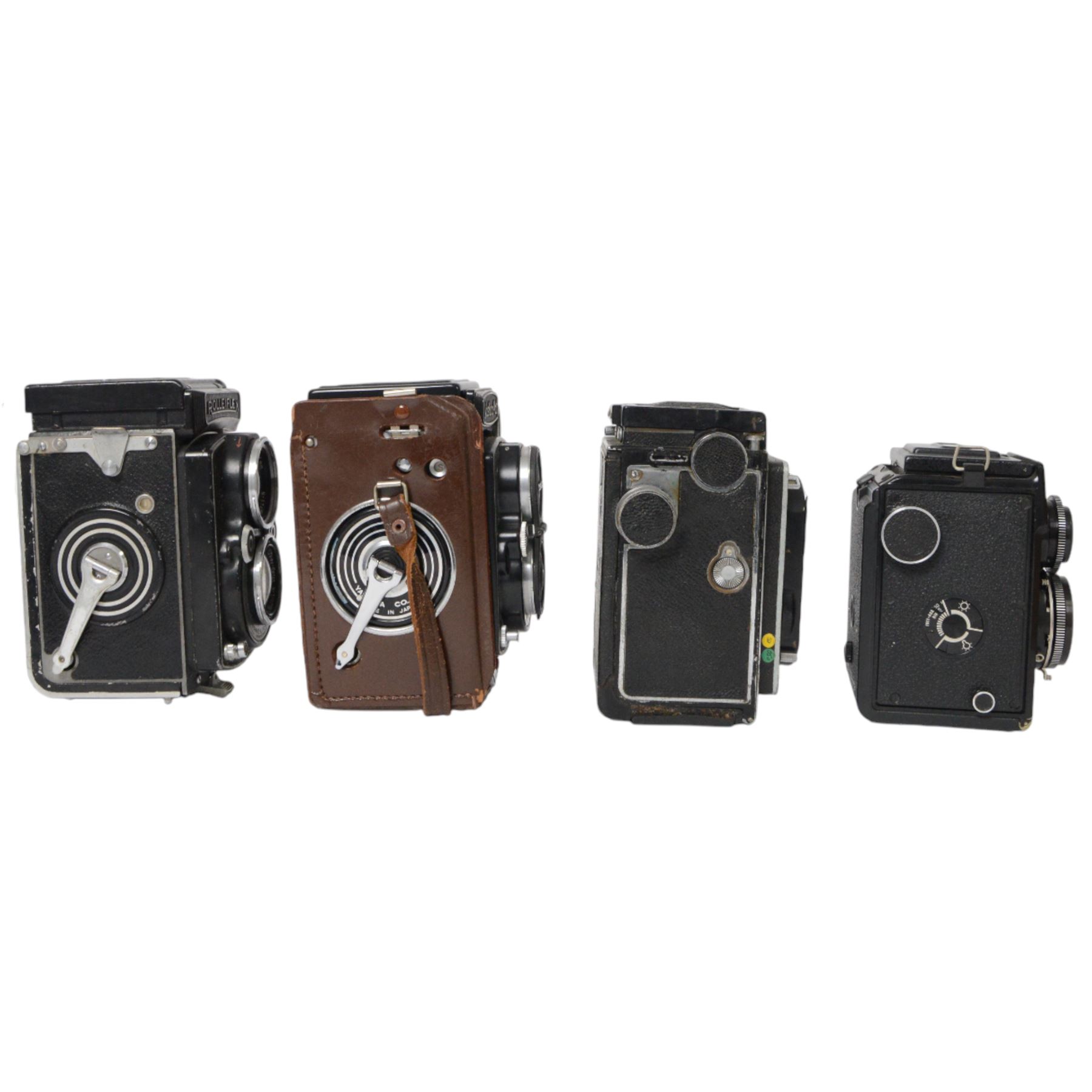 Four medium format TLR cameras, comprising Zeiss Ikon Ikoflex serial no. TD17003 with Tessar 1:3.5 f=7.5cm and Teronar Suchar-Anastigmat 1:3.5 f=7.5cm lenses, Franke & Heidecke Rolleiflex serial no. 1164037 with Tessar 1:2.8 f=80mm and Heidoscop-Anastigmat 1:2.8 f= 80mm lenses, Yashica-Mat Copal MXV serial no. MT 2050640 with Yashinon 1:3.5 f=80mm and View-Yashinon 1:3.2 f=80mm lenses and a Lomo Lubitel 166B serial no. 83169658 with T-22 4.5/75 lenses