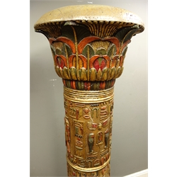  Two large Egyptian style pillars decorated with hieroglyphics and ancient Egyptian motifs, H175cm, D56cm  